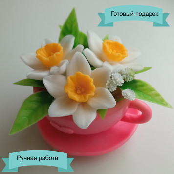 Букет из мыла "Нарциссы в чашке", подарочное мыло, сувенир.-1